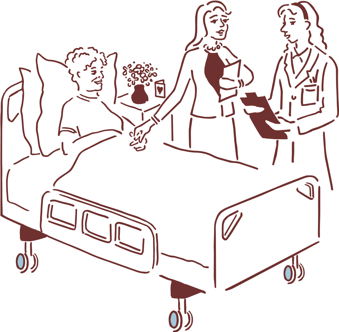 Senior woman in hospital bed receiving support from two healthcare professionals during care consultation.