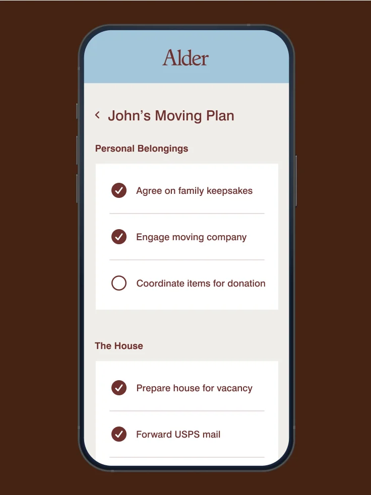 Alder Life Care mobile app showing John's Moving Plan checklist with tasks for personal belongings and house preparation.