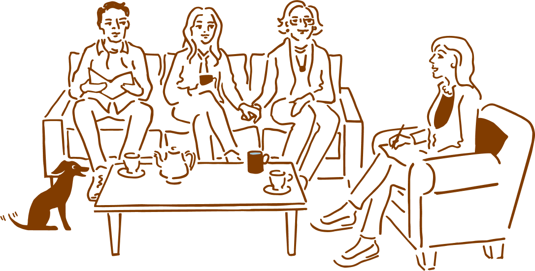 Three adults seated on sofa with coffee, conversing with woman in chair beside dog. Family discussion illustration.