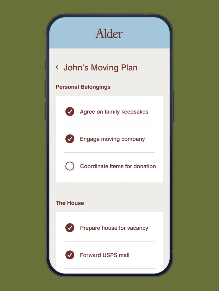 Alder Life Care app showing John's Moving Plan checklist with personal belongings and house tasks, some marked complete.