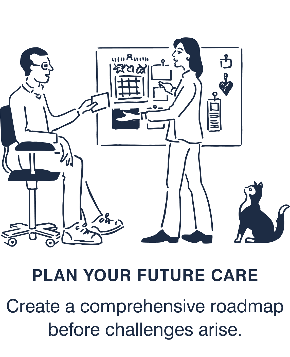 Senior man meeting with care advisor to plan future care needs and aging-at-home services.