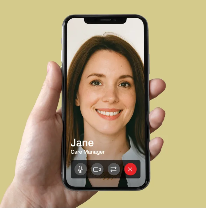 Jane, Care Manager, displayed on smartphone screen during video call interface against yellow background.