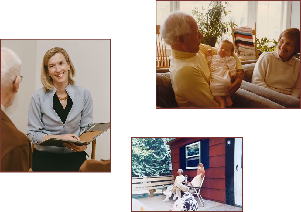 Collage of family memories alongside an Alder life care manager meeting with a client, showing the connection between cherished family moments and professional aging support