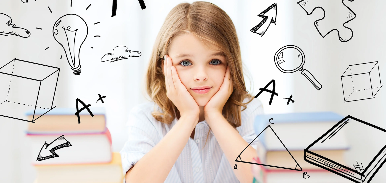 A young girl sits with her chin resting on her hands, surrounded by books and doodles of school-related symbols like light bulbs, geometric shapes, and letters.