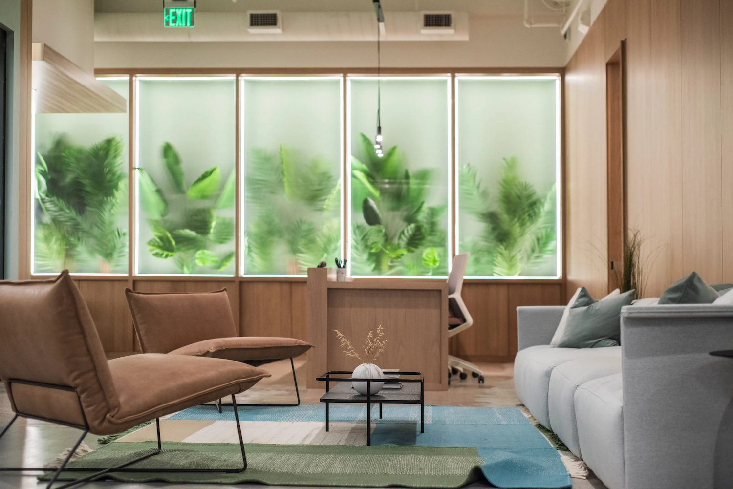 A modern, cozy office or waiting room with comfortable chairs, a sofa, a desk, and large frosted windows with green plants visible behind them.