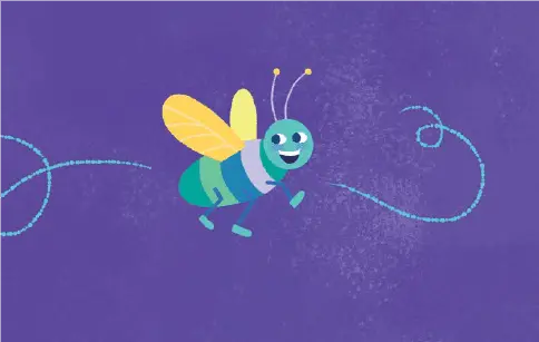 Colorful cartoon illustration of a smiling blue and green bee with yellow wings flying on a purple background, leaving a playful dotted trail behind it.
