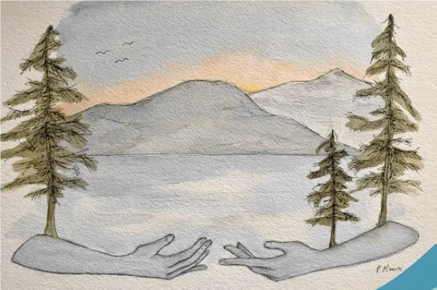 Artistic illustration of a mountain landscape with trees and two large hands extending from the ground toward each other, symbolizing connection and harmony with nature.