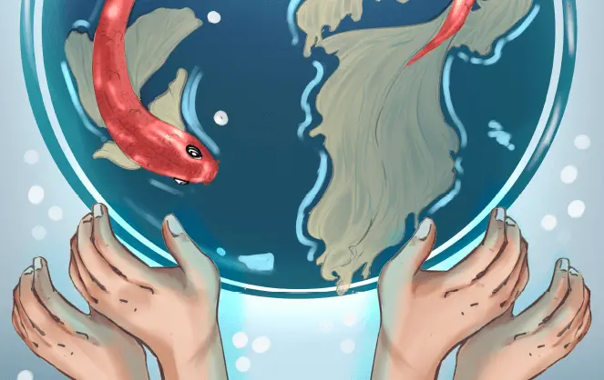 Digital illustration of four hands gently cupping a globe-like fishbowl containing two red fish swimming over continents shaped like landmasses, symbolizing care for the Earth and life within it.