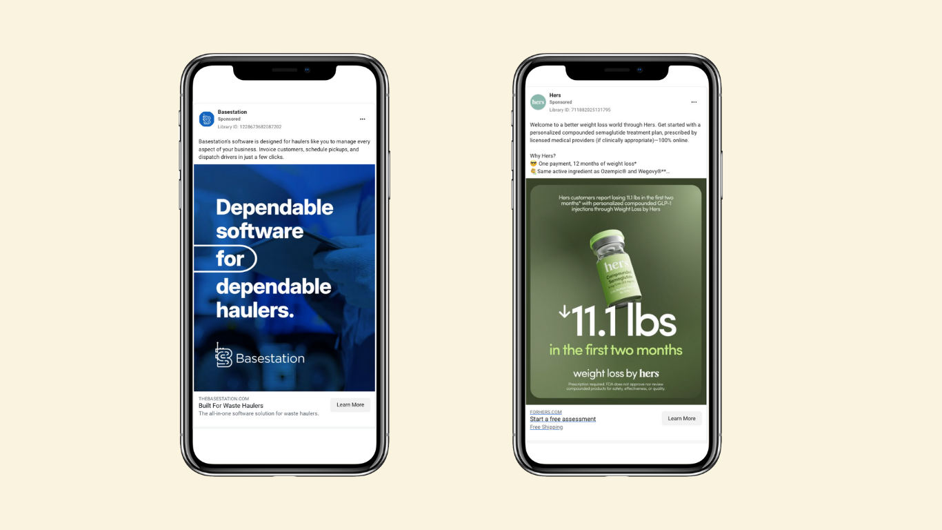 Two visual examples of ads on phones. One showcases a software company for haulers and the other is a weigh-loss supplement.