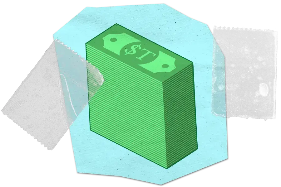 Stack of green dollar bills taped to a blue polygonal background.