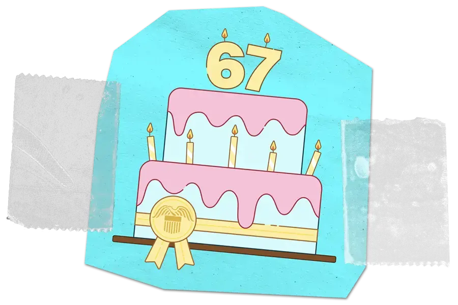 Two-tier pink frosted cake with candles and number 67 on top, with gold award ribbon.