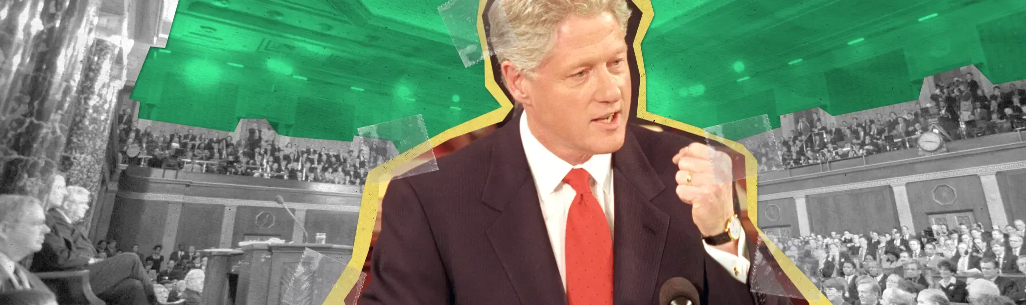 Former President Bill Clinton speaking passionately with a clenched fist in a formal setting.