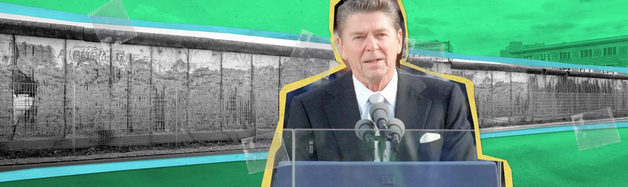Ronald Reagan speaking at a podium with the Berlin Wall behind him, highlighted on colorful background.