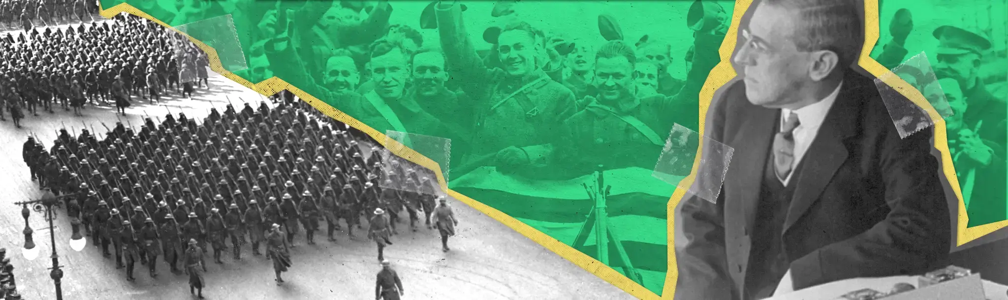 Black and white photo of marching soldiers with a cutout of a man in a suit and crowd in green background.
