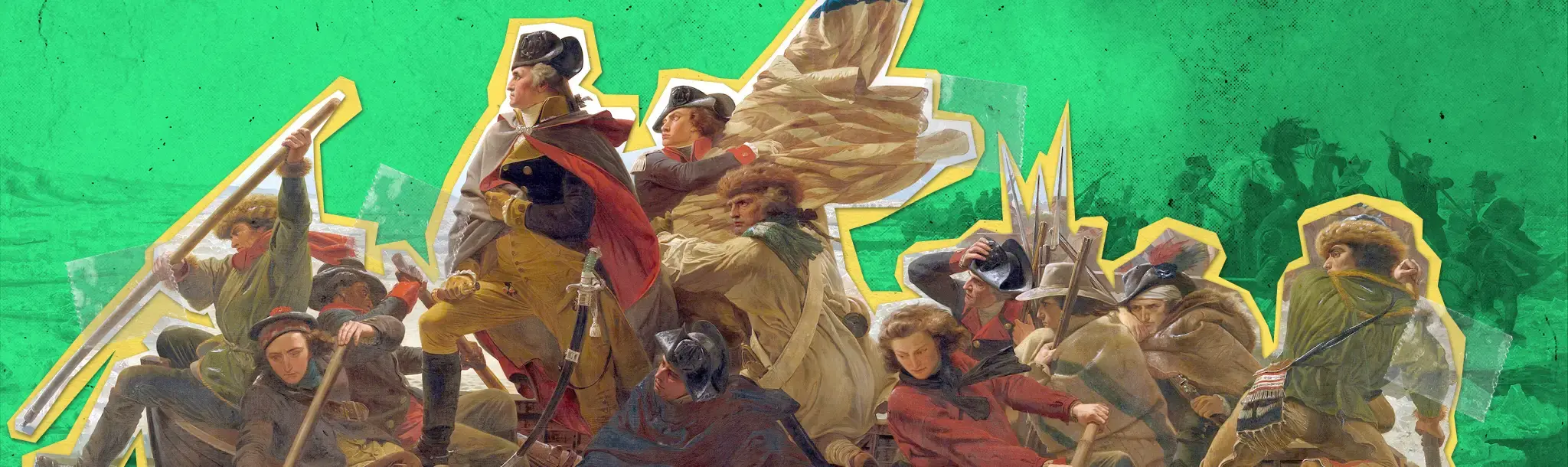 Historical painting of George Washington leading soldiers across a river during battle.