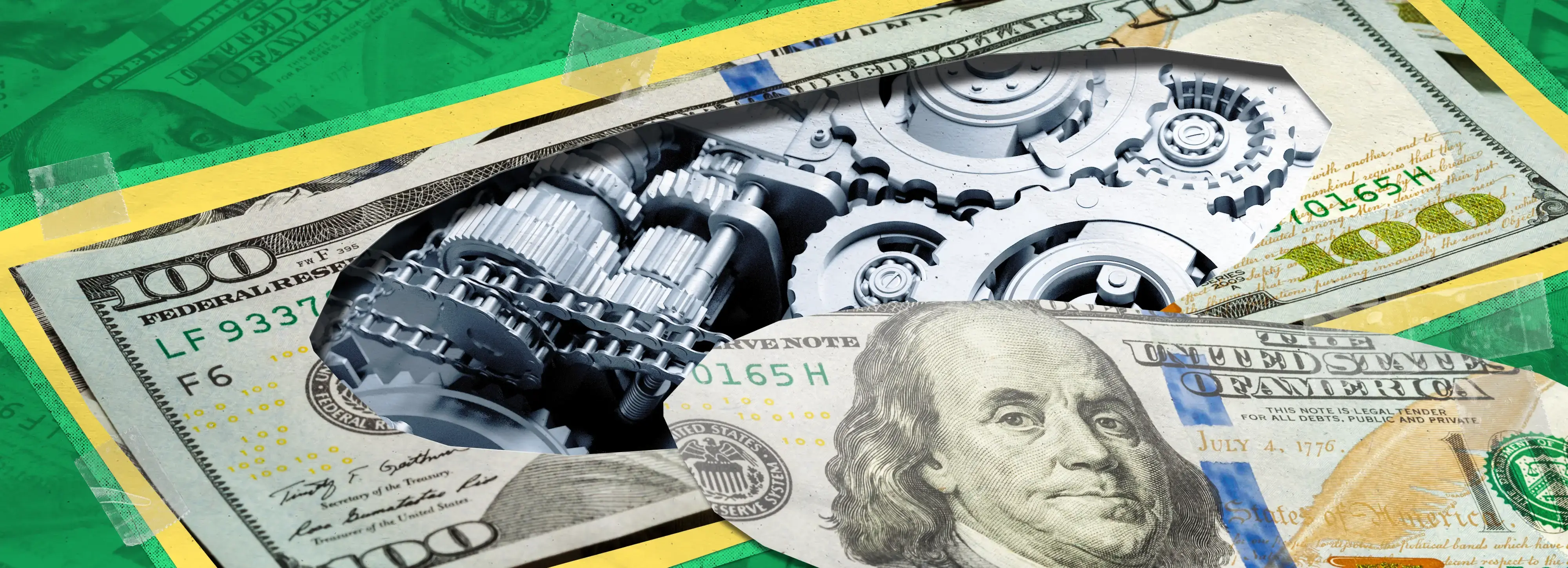 US 100 dollar bill cut open showing mechanical gears and chains inside on a green and yellow background.