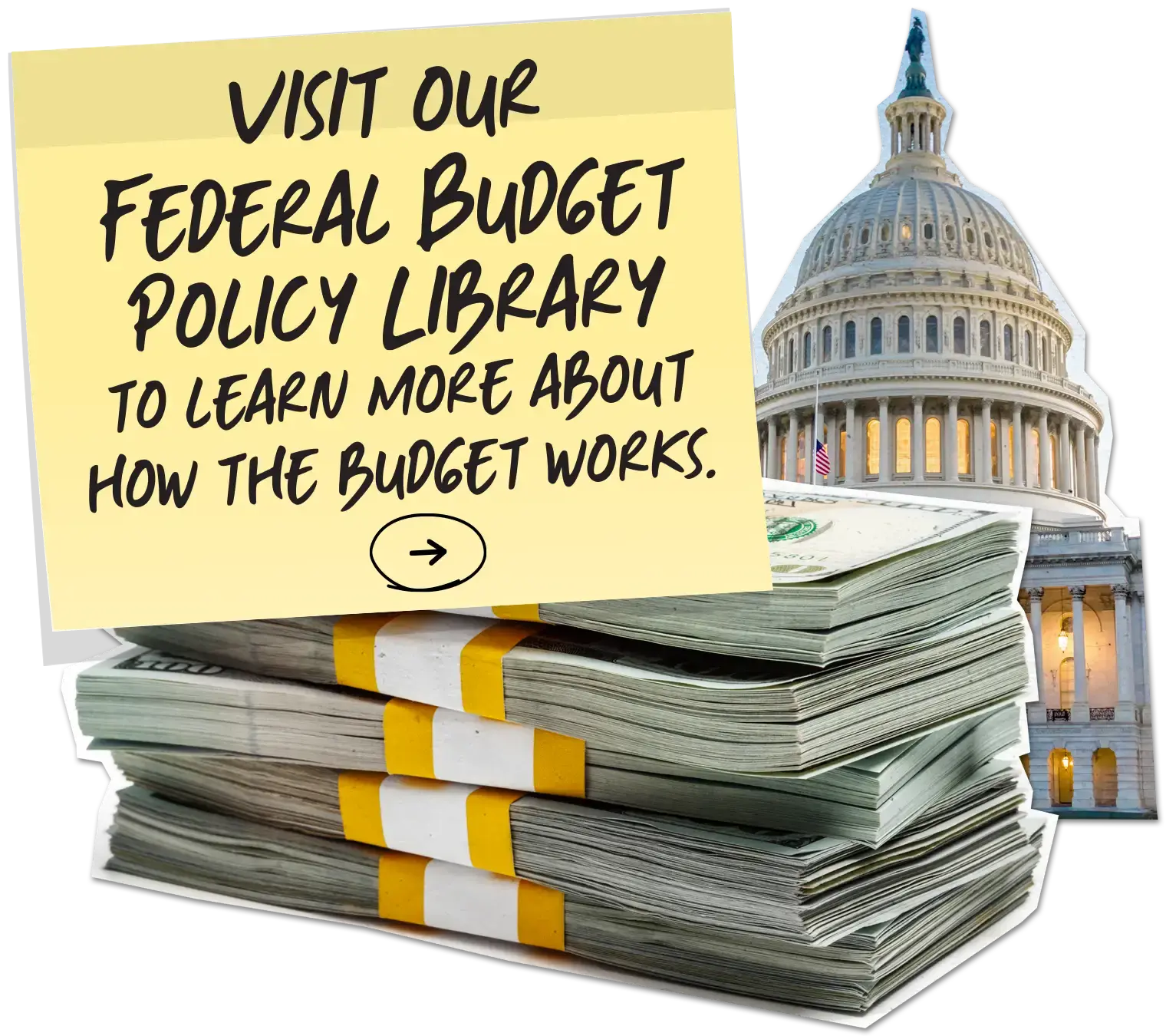 Stacks of US dollar bills with the US Capitol dome and a note about the federal budget policy library.