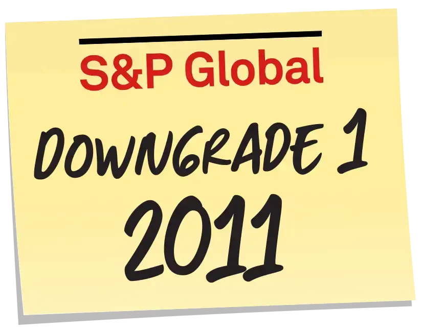 Yellow sticky note with S&P Global Downgrade 1 2011 written on it.