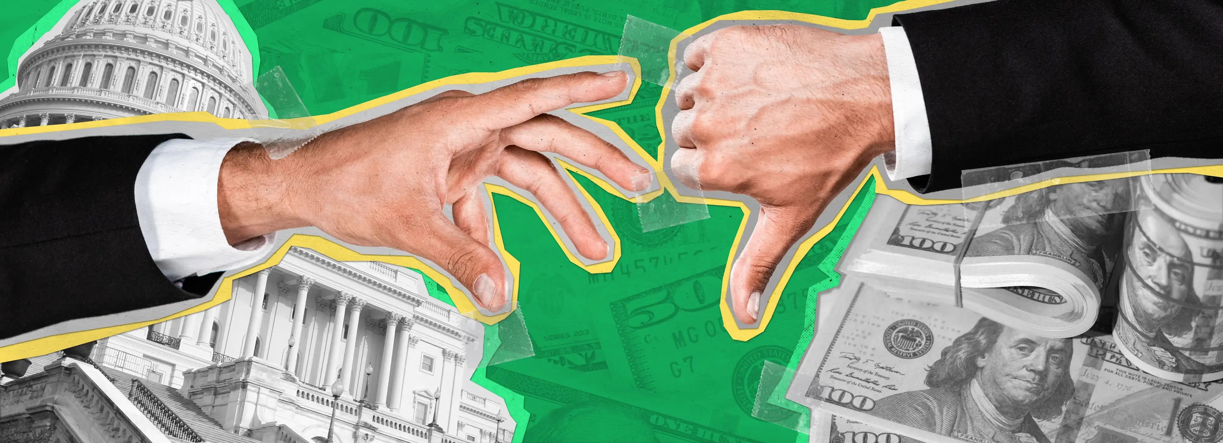 Illustration of two suit-clad hands, one reaching out and the other giving thumbs down over money and government buildings.