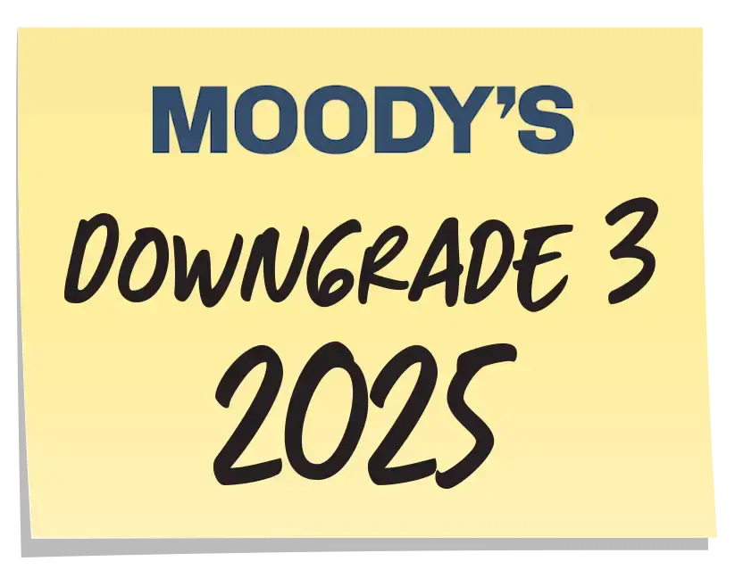 Yellow sticky note with text Moody's Downgrade 3 2025 in bold and handwritten fonts.