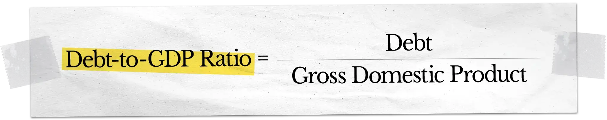 Formula showing Debt-to-GDP Ratio equals Debt divided by Gross Domestic Product.