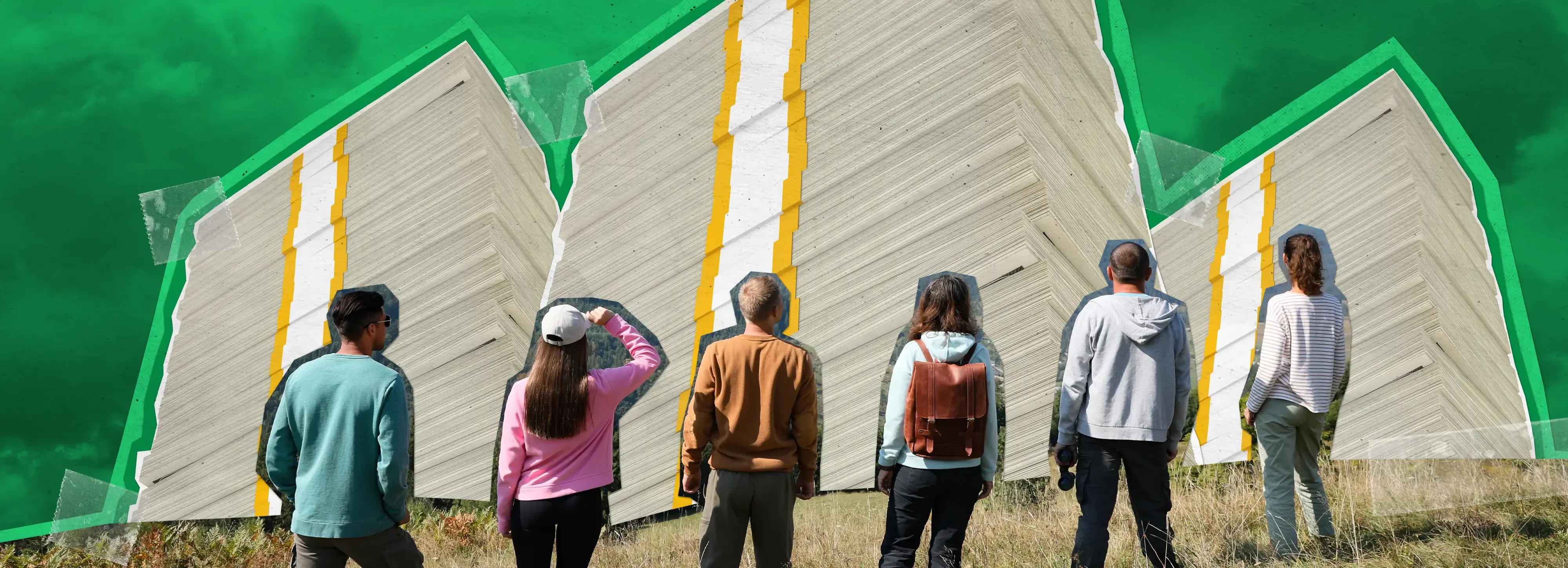 Five people face large stacks of white and yellow papers against a green background.