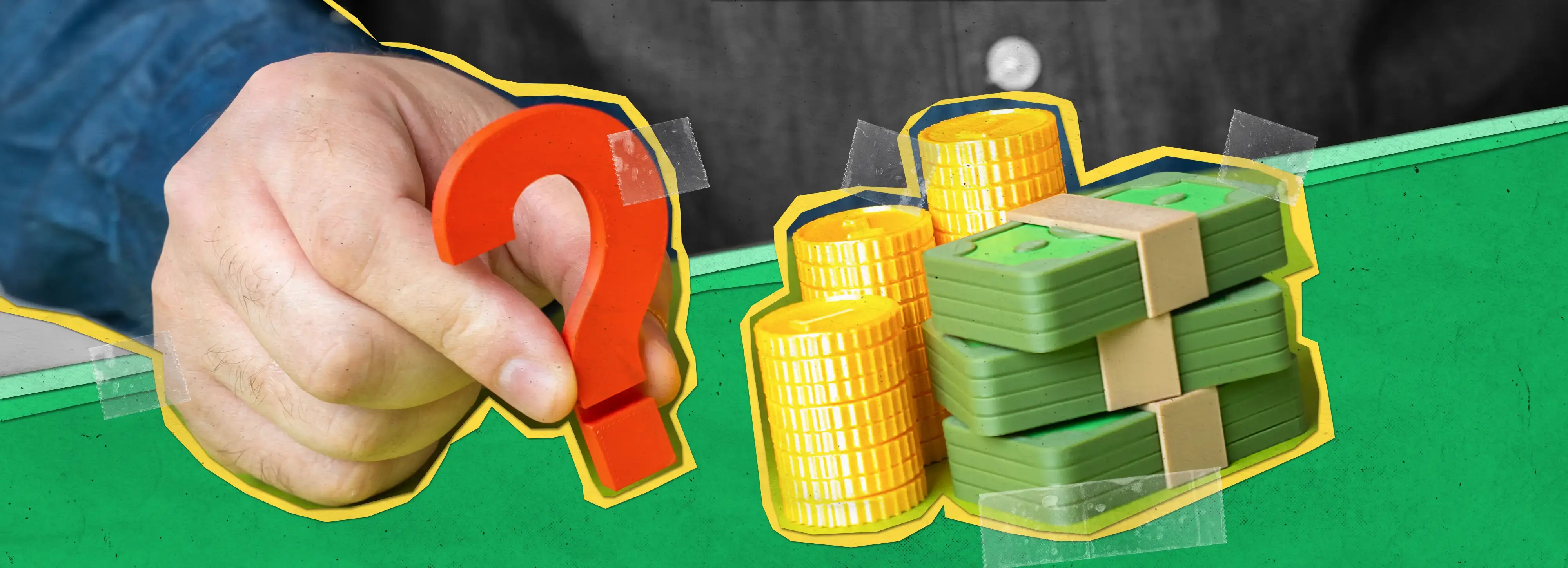 Hand holding a red question mark next to stacks of gold coins and bundled green bills.