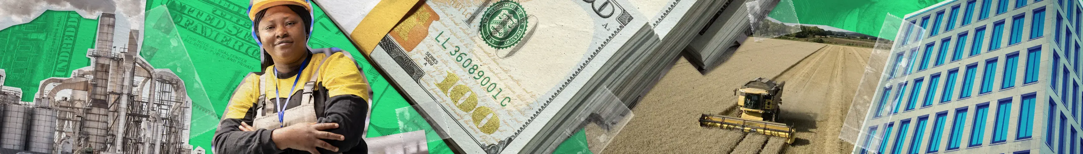 Worker in yellow helmet and vest, factory, stacks of hundred dollar bills, field harvesting, and glass building.