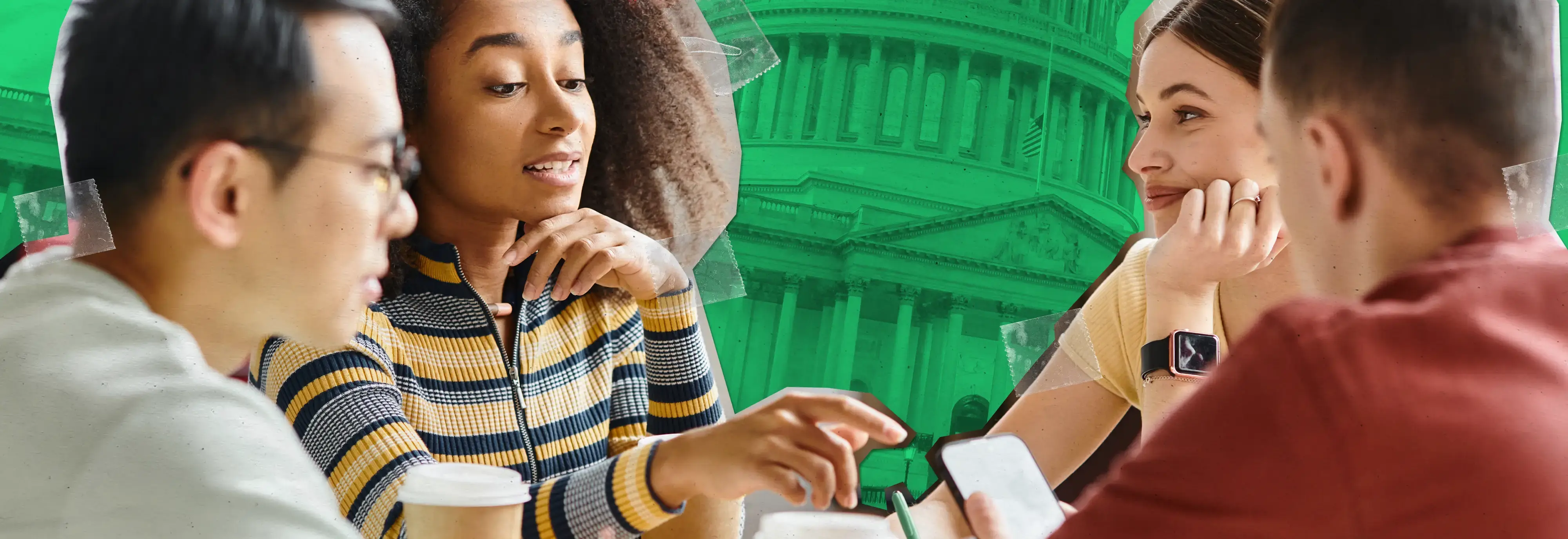 Four diverse young adults engaged in discussion around a table with coffee and phone, Capitol building background.