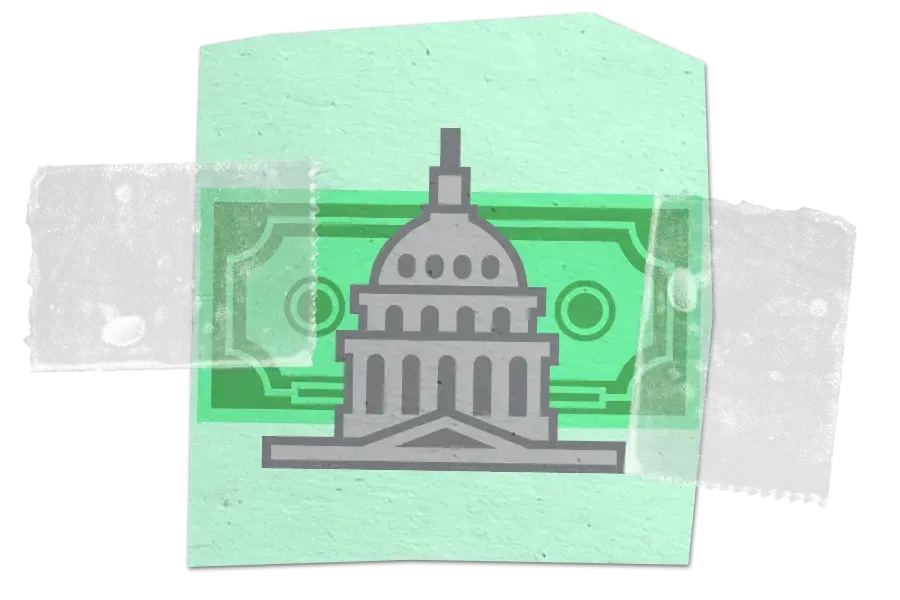 Illustration of a government building in front of a green dollar bill with gray tape strips.