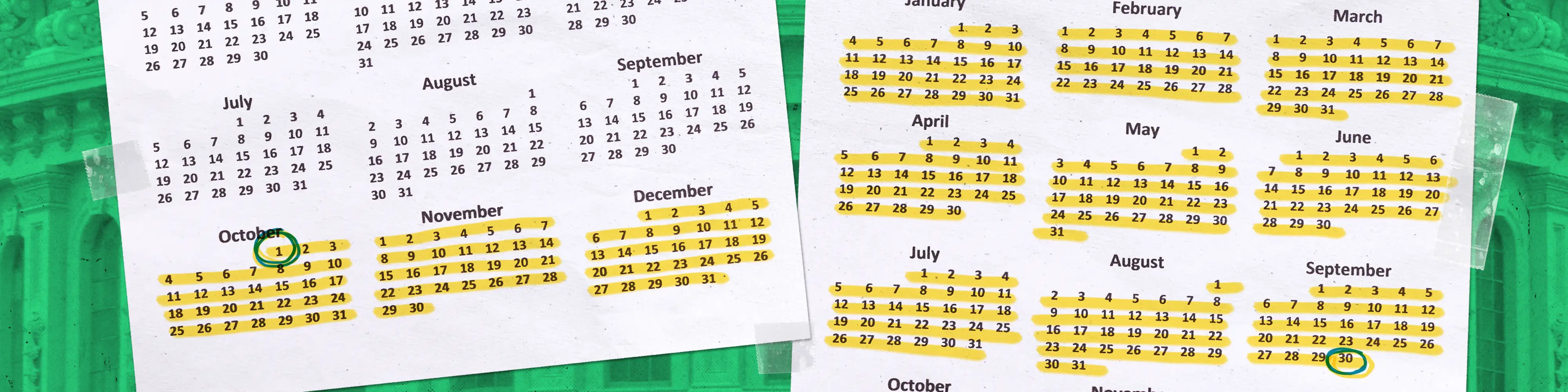Two calendar pages with October 1 circled on the first and September 30 circled on the second, marking the federal fiscal year.