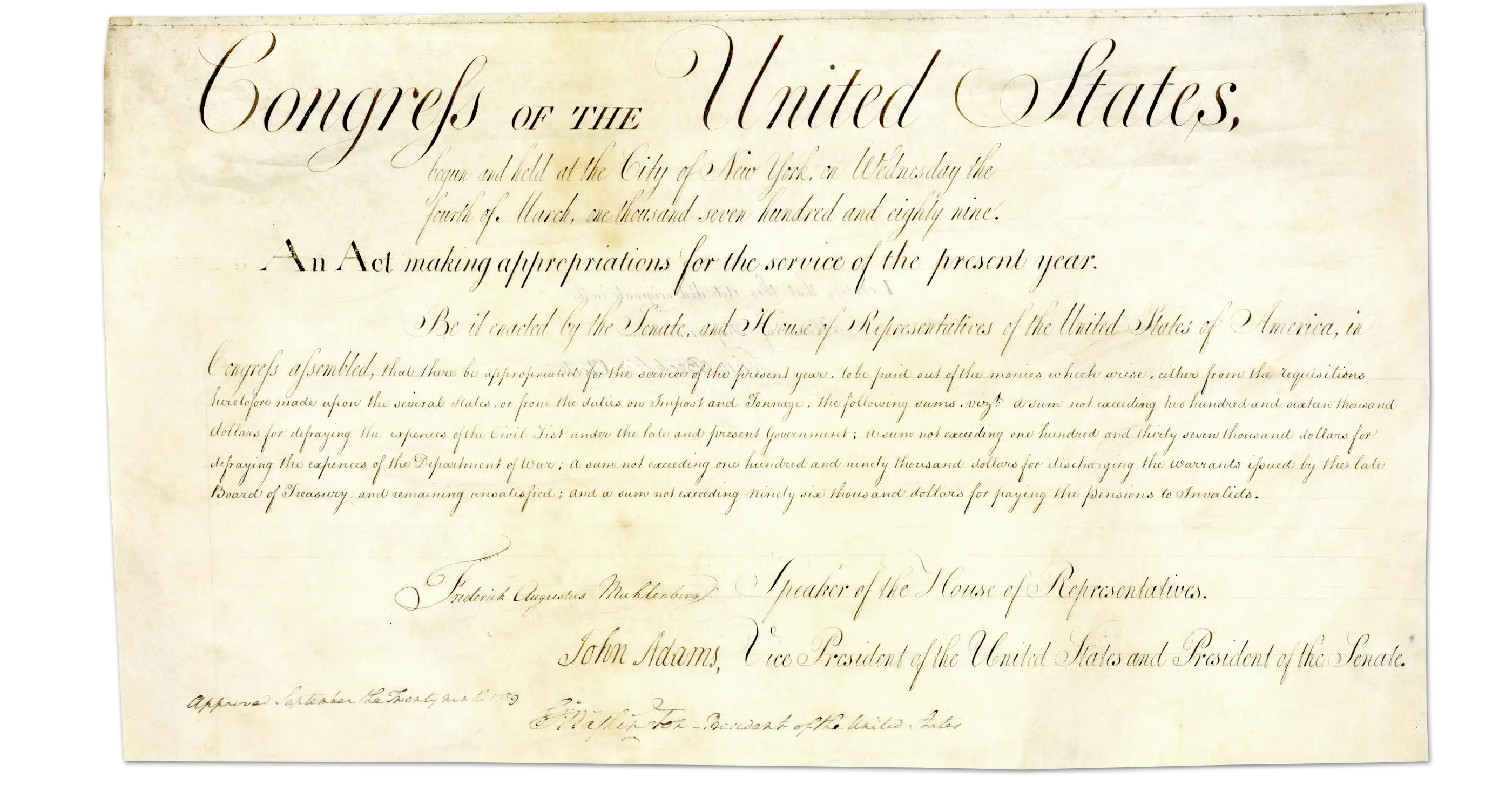 Handwritten 1789 act of the First Congress, "An Act making appropriations for the service of the present year."