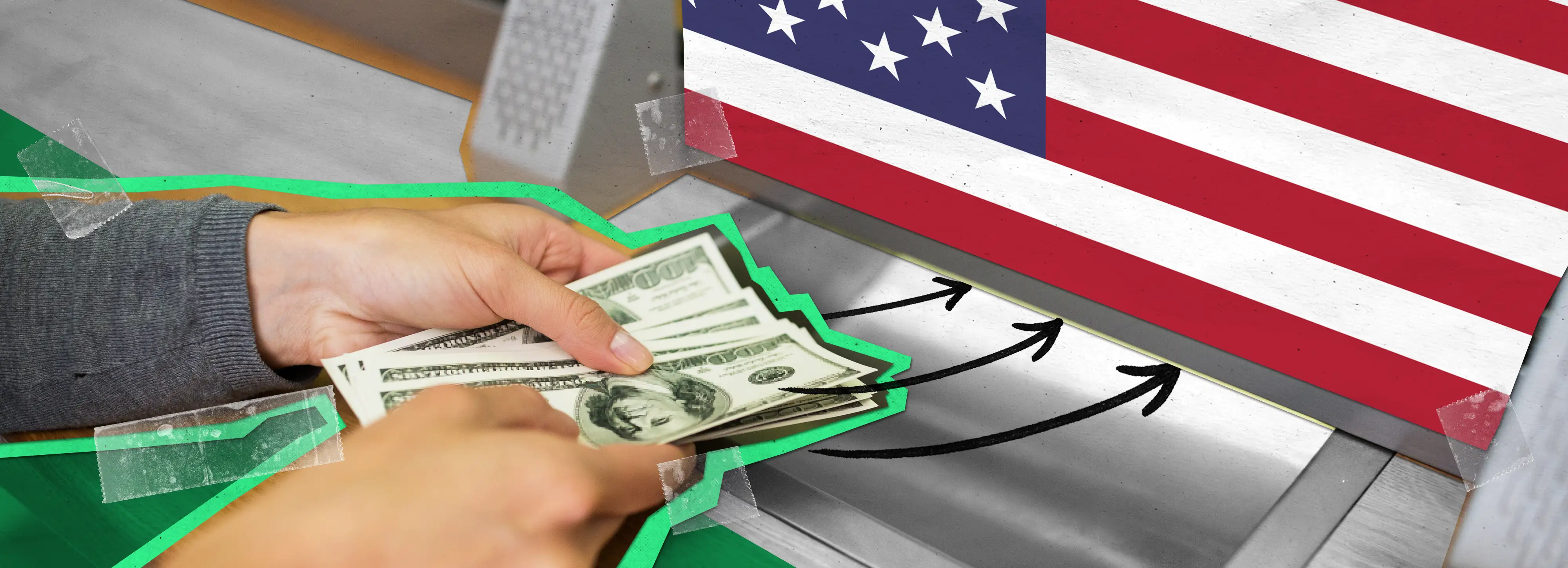 Hands passing a stack of dollar bills through a teller window toward an American flag.
