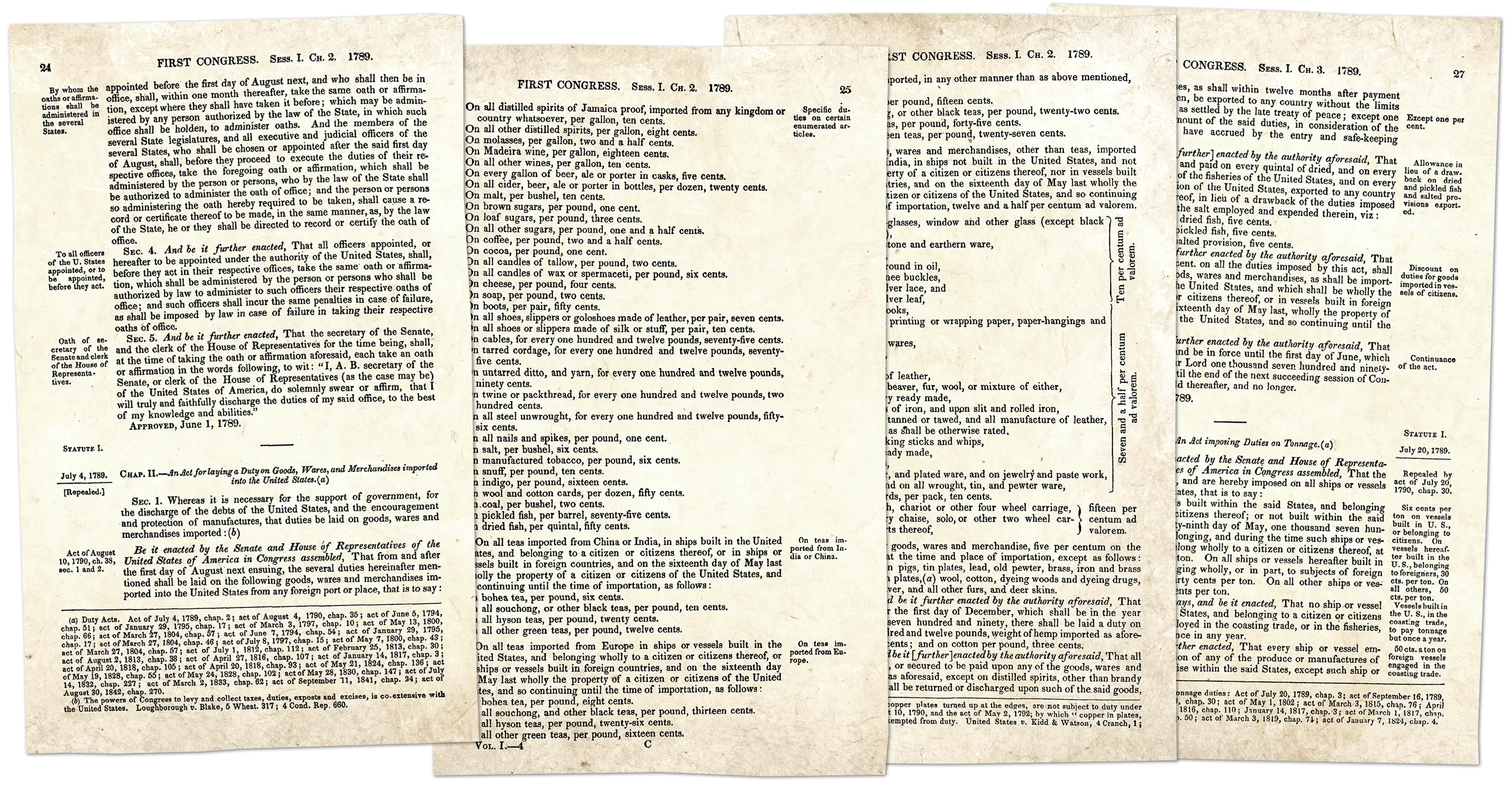 Printed pages of the 1789 tariff act from the laws of the First Congress.