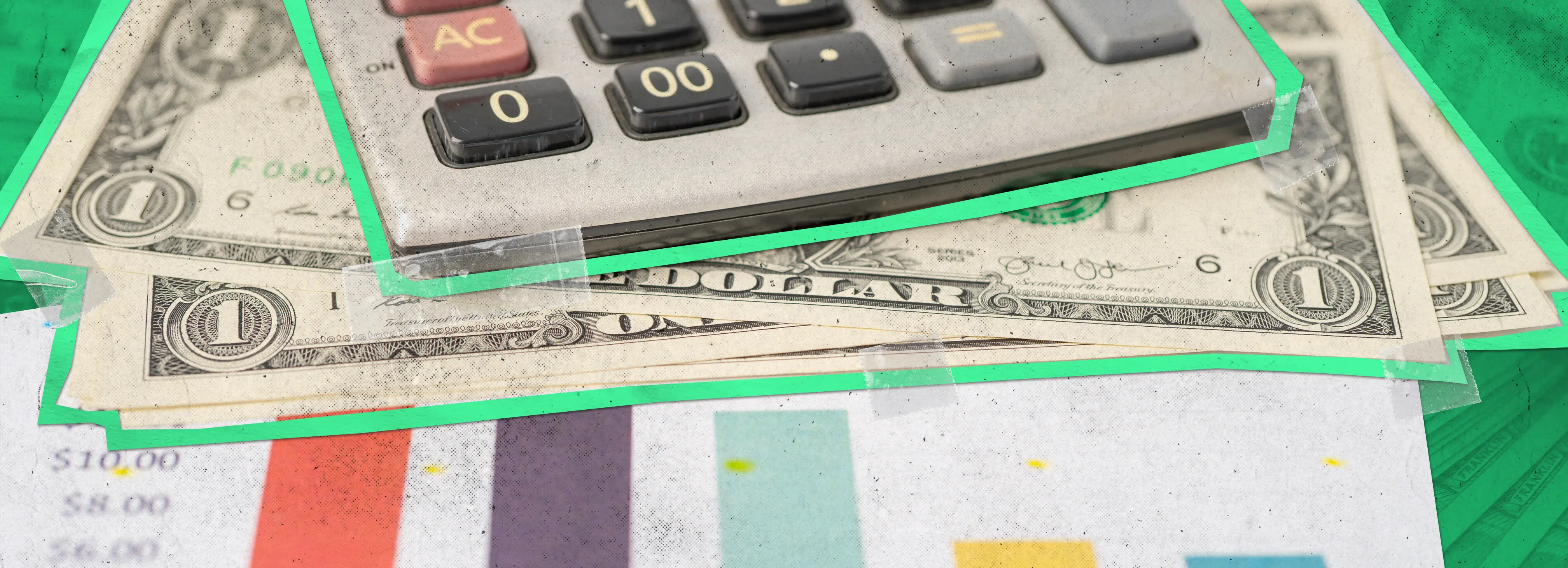 A calculator resting on U.S. dollar bills over a printed bar chart.
