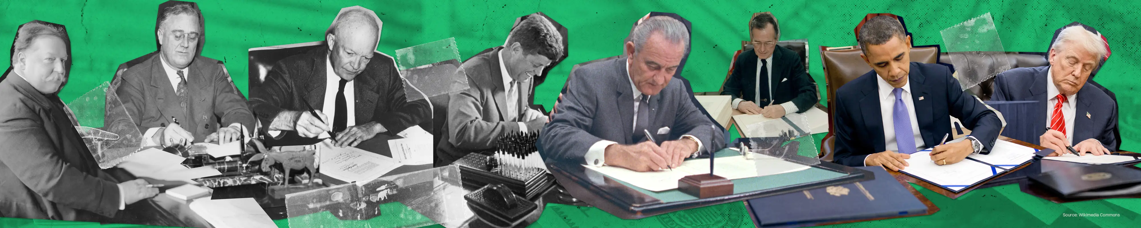 Collage of U.S. presidents signing legislation at their desks, from black-and-white archival photos to recent color ones.