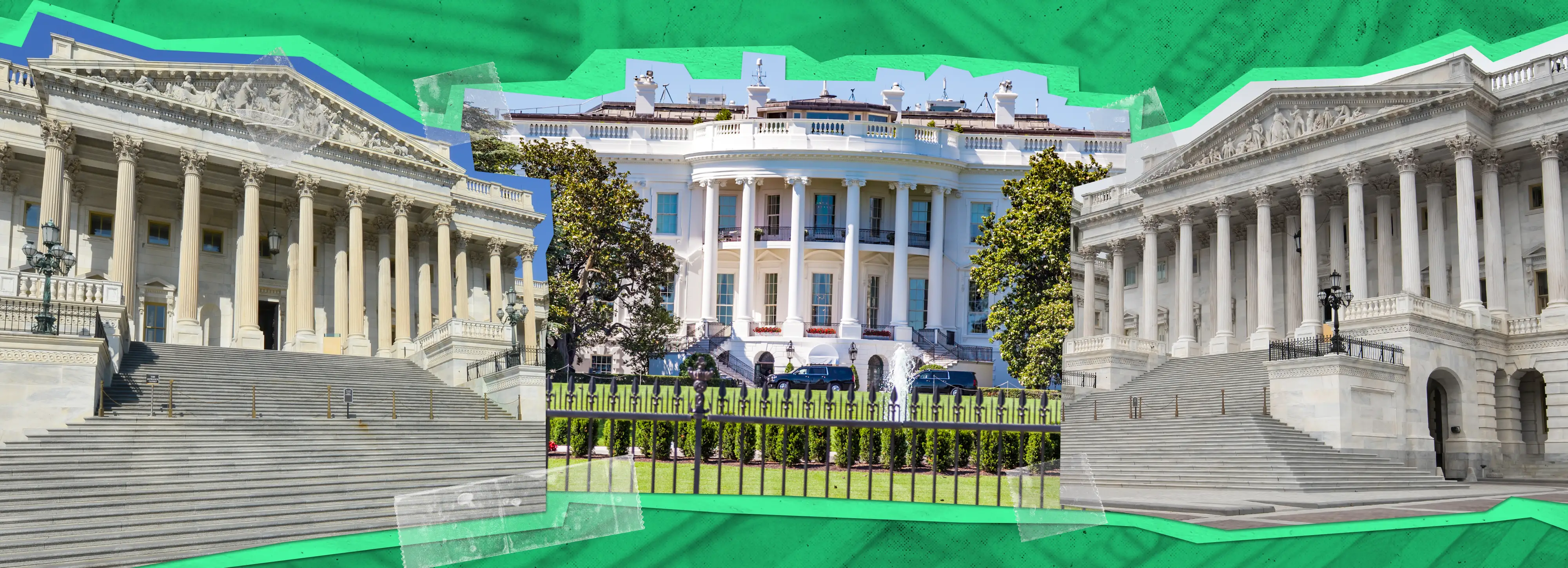 Collage of the White House framed by the two wings of the U.S. Capitol, set against a green background.
