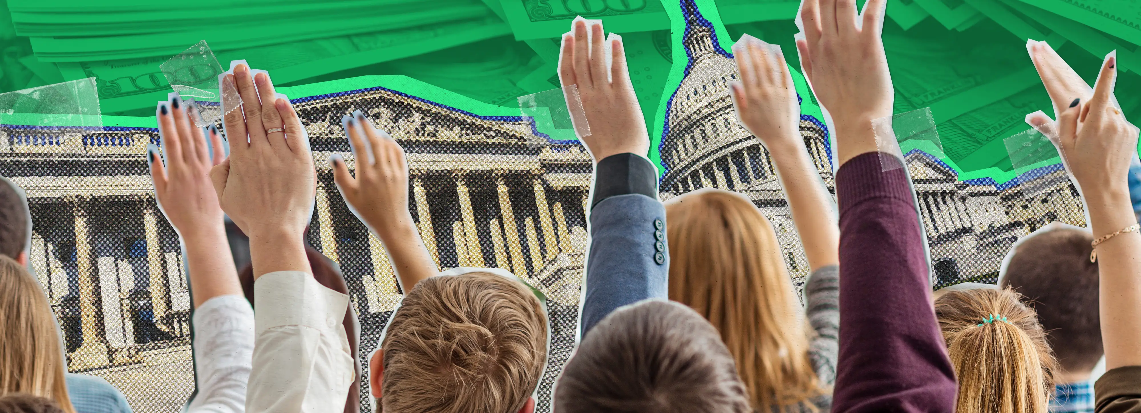 A crowd of people raising their hands in front of the U.S. Capitol, set against a collage of U.S. currency.