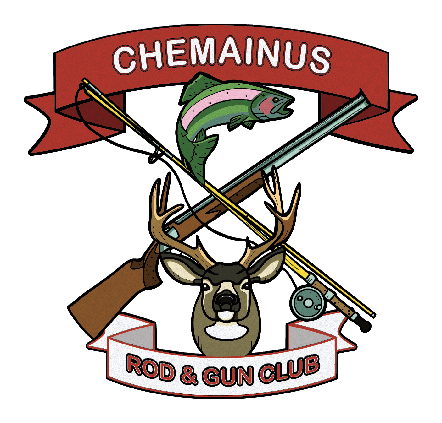 Logo of Chemainus Rod & Gun Club featuring a red banner with the name, crossed fishing rod and shotgun, a jumping fish, and a deer's head with antlers.