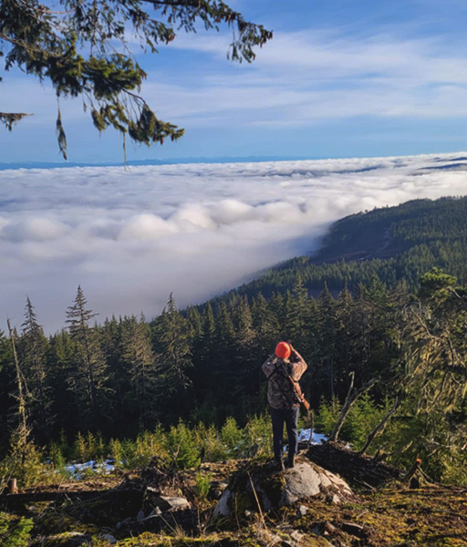 Person wearing orange helmet standing on a rock overlooking a forest with low clouds covering the distant landscape under a blue sky.