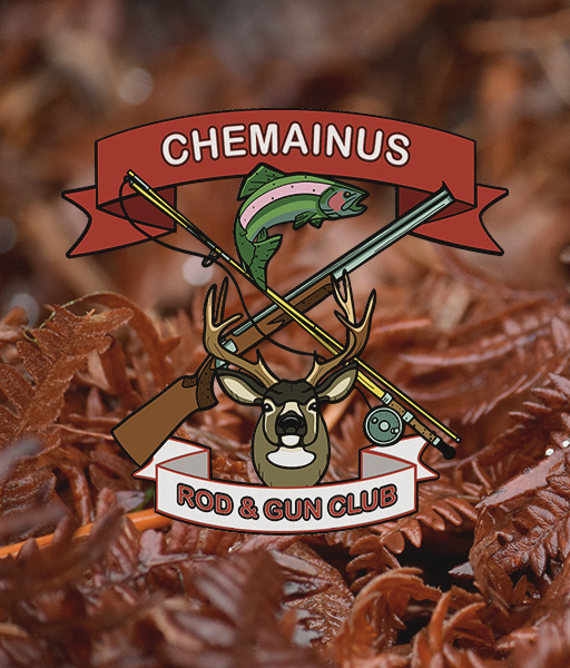 Logo of Chemainus Rod & Gun Club featuring a deer head, crossed fishing rod and shotgun, and a trout fish above a red and white banner.