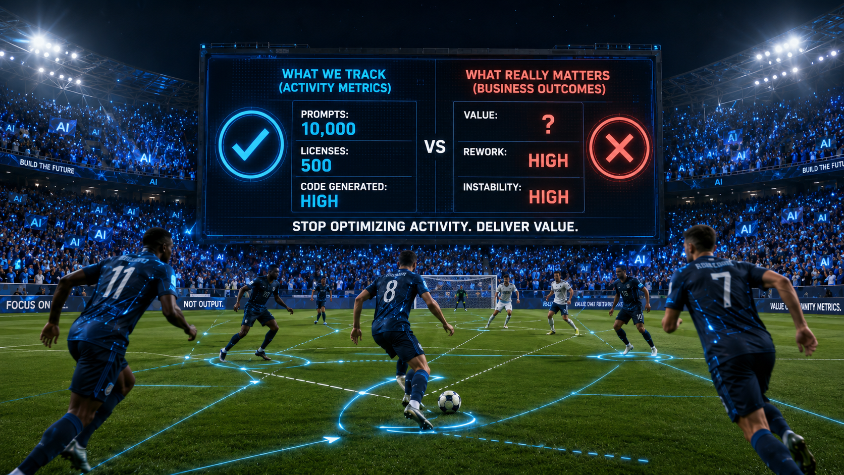 AI adoption scoreboard measuring throughput, instability, rework, quality, user value, human capacity, and business impact.