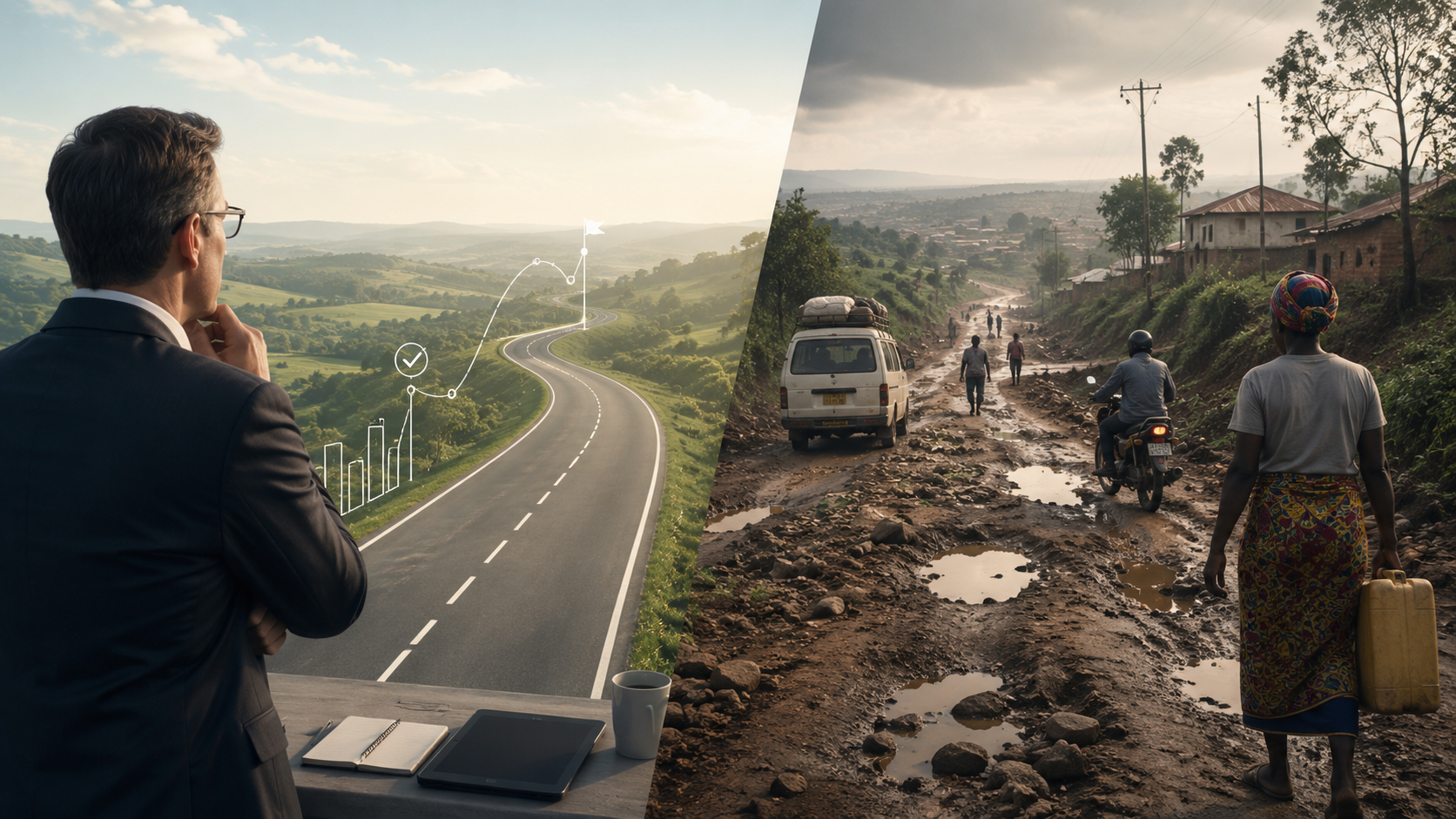 Split image contrasting an idealized smooth road seen from a strategic perspective with a muddy rural road full of holes and obstacles experienced by the community every day.