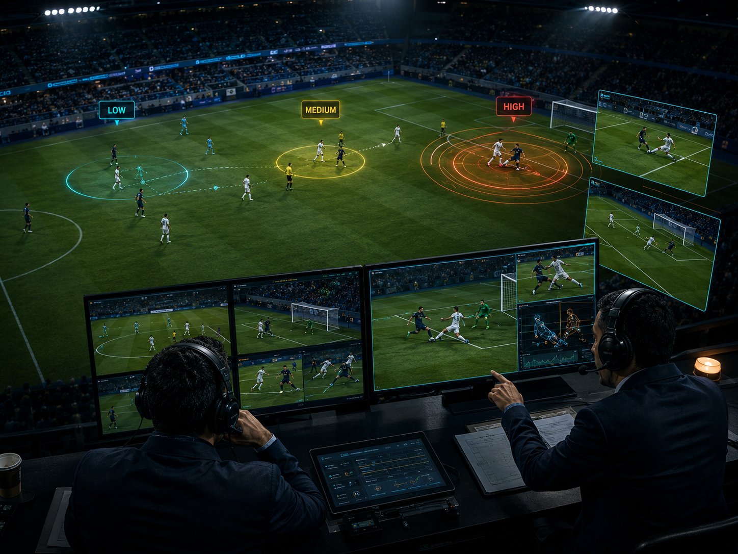 Football review room showing low, medium, and high verification intensity across the field