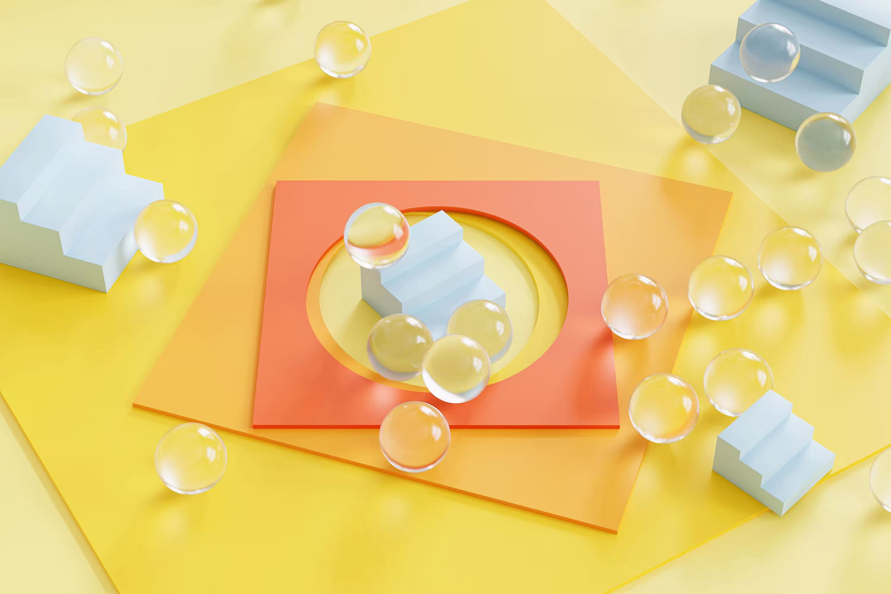 Abstract image with stairs, bubbles and yellow paper.
