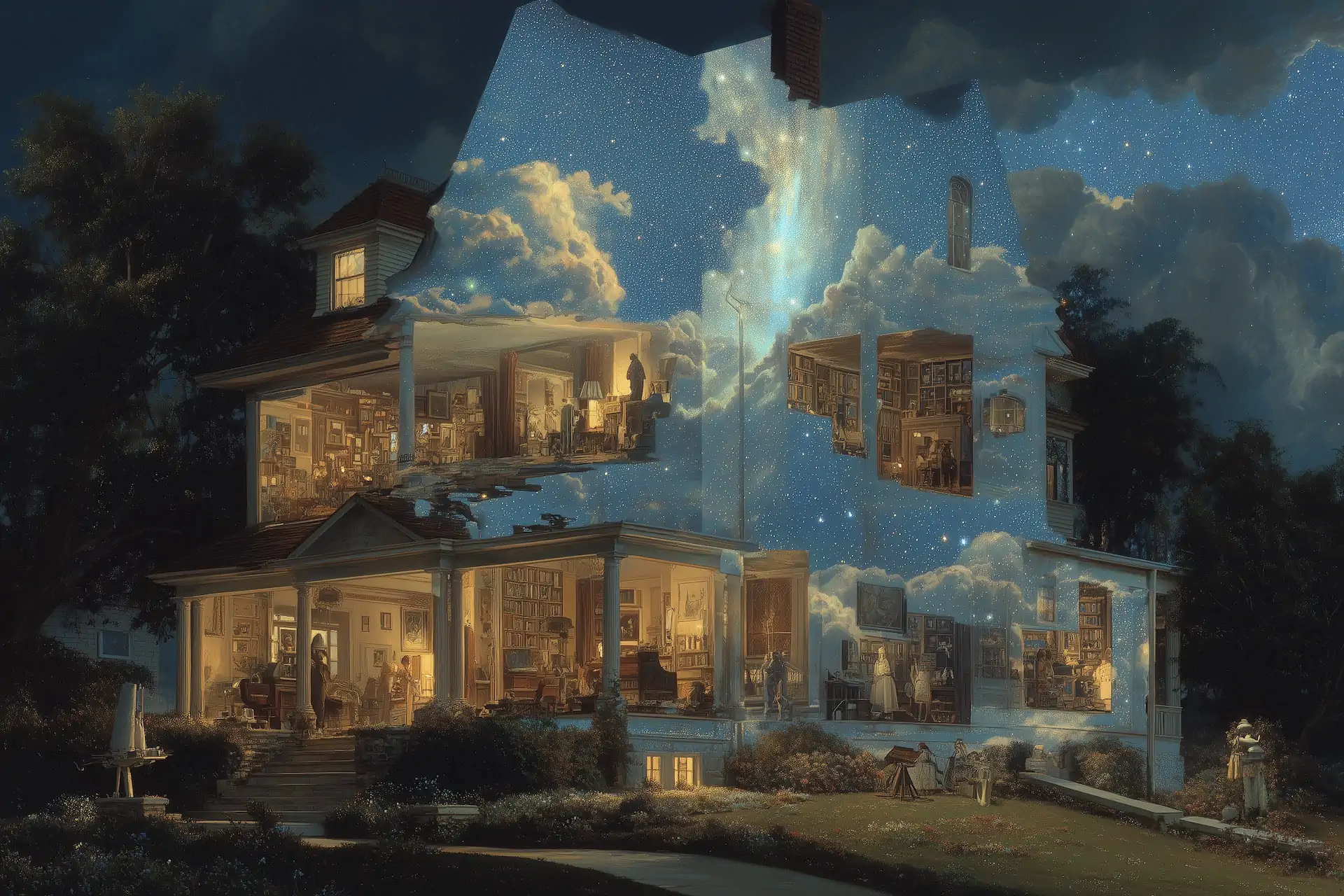 Surreal illustration of a house with transparent walls and showing a cosmic scene inside.