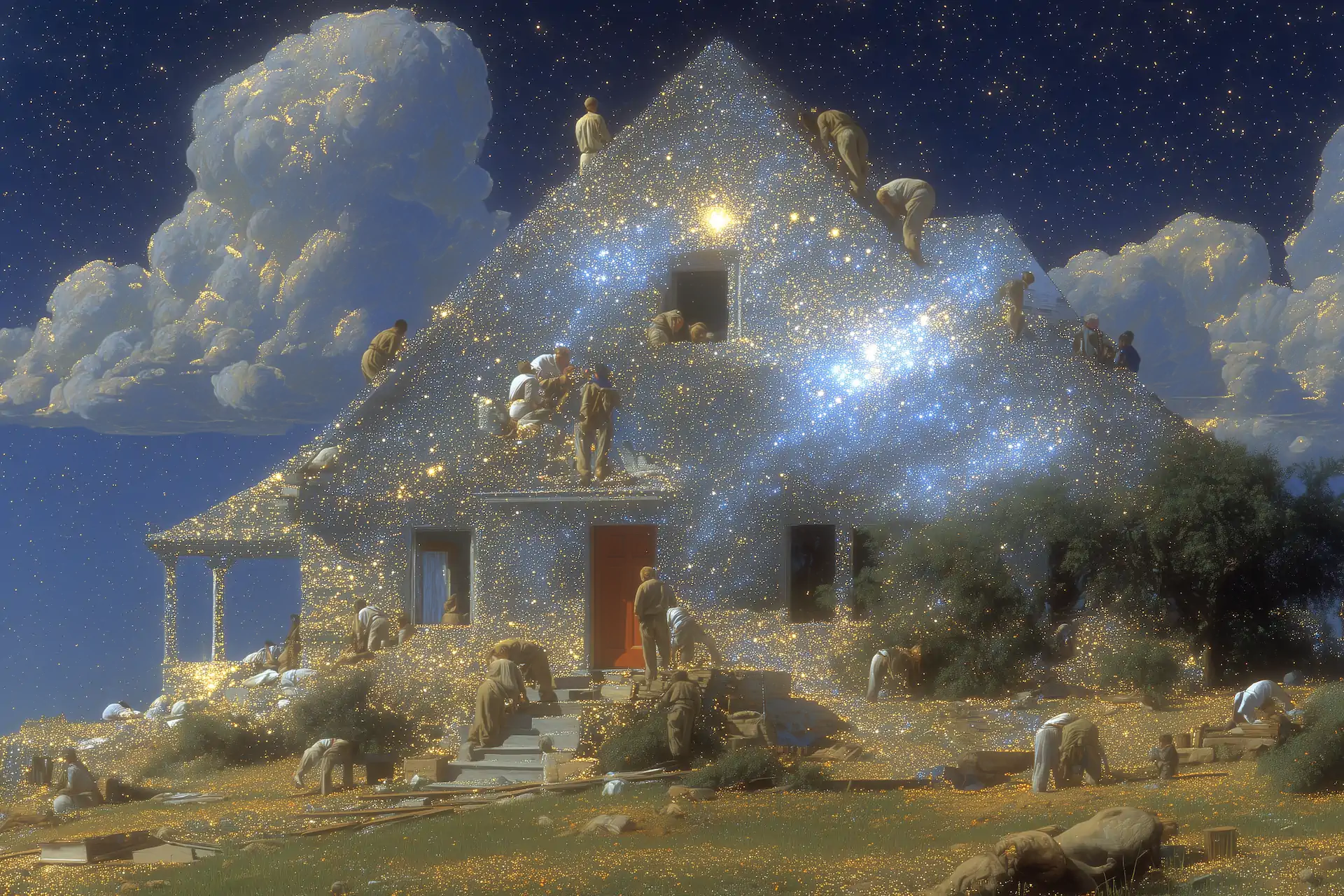 Surreal, futuristic image of a house filled with swirling stars and clouds and covered in service workers.