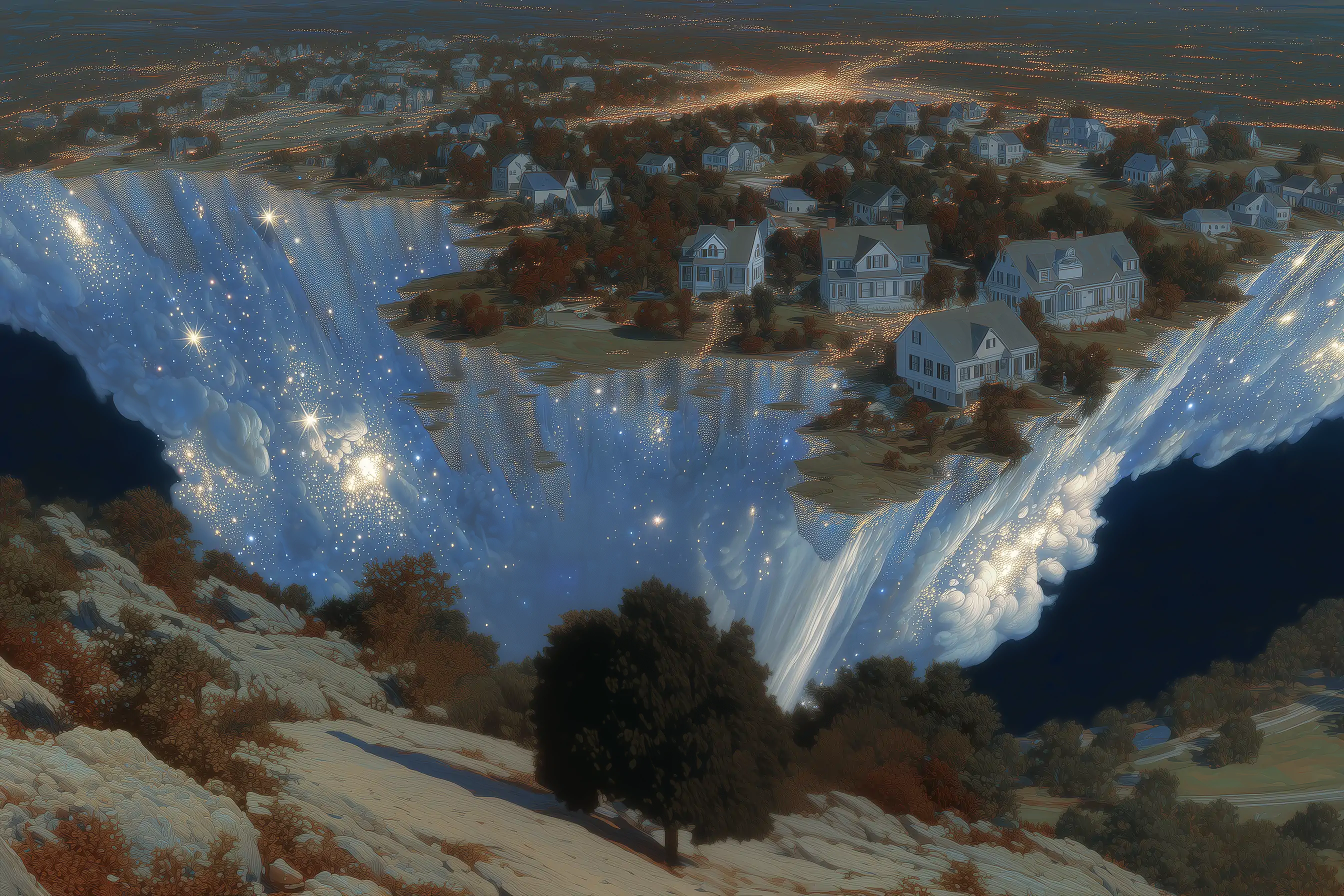 Sci-fi home perched near cliffs beneath a cosmic, glowing blue sky