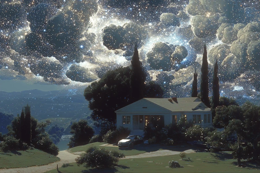 Futuristic house under a dramatic night sky filled with swirling stars and clouds