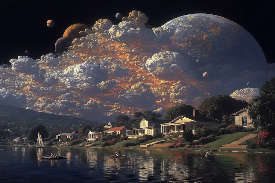 Futuristic house under a dramatic night sky filled with swirling stars and clouds